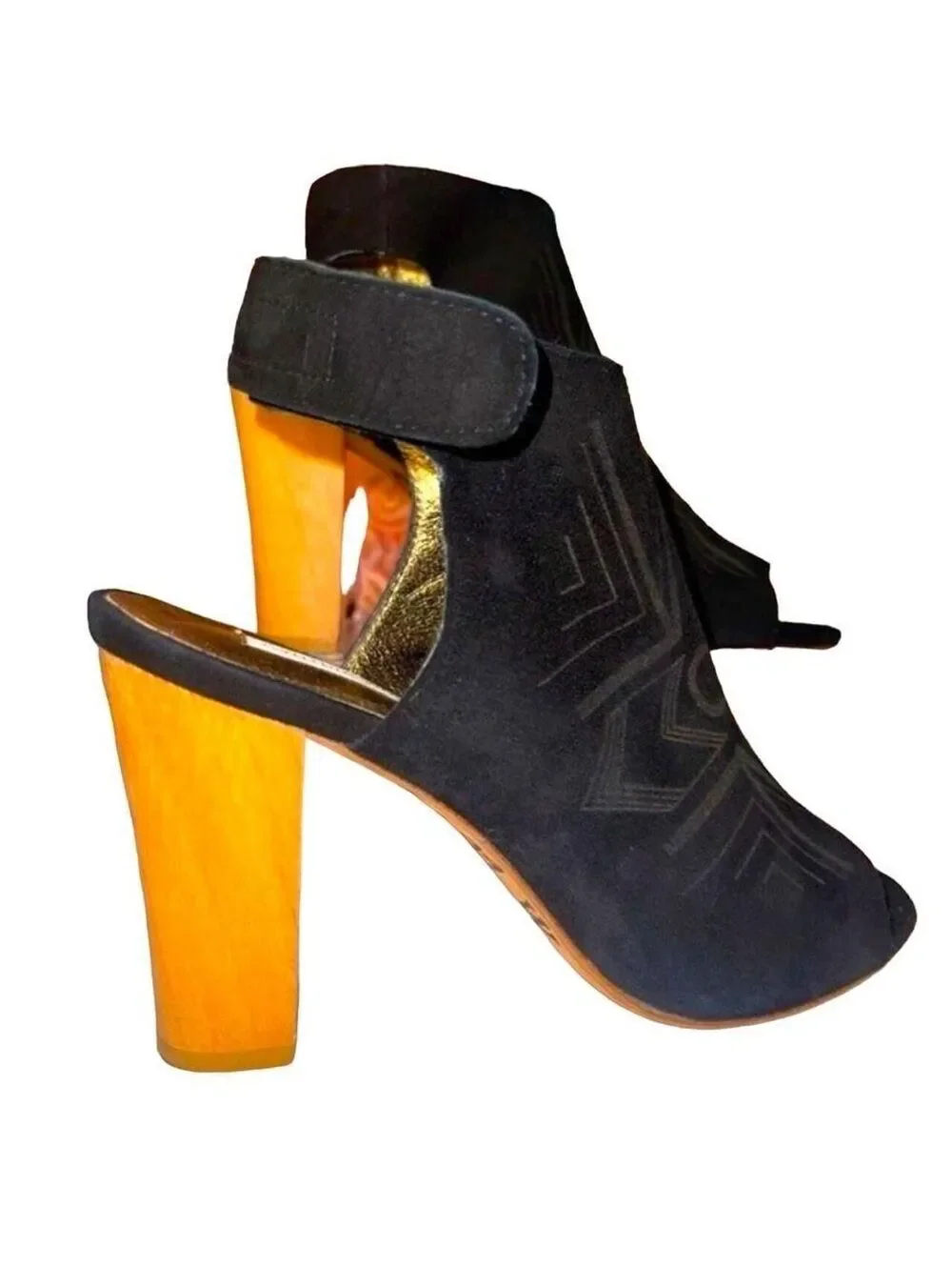 Cynthia Vincent Black Suede Geometric Embroidered Wood Block Heel Sandals sz 8.5